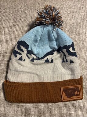 Locale Blue, Cream & Brown Pom Beanie - Mountain Pattern